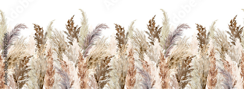Watercolor pampas grass seamless border. Repeatable boho dried grass and leaves neutral colors bouquet. Botanical nature design isolated on white. Bohemian style wedding invitation, greeting, card