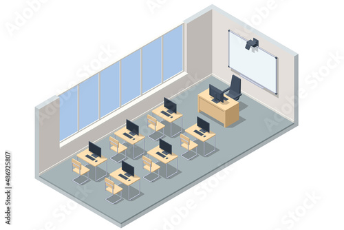 Isometric computer lab. Computer education in classroom. Computer classroom