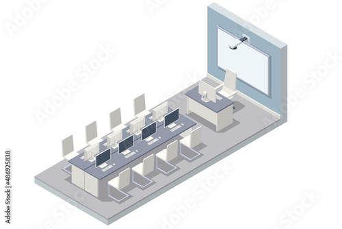 Isometric computer lab. Computer education in classroom. Computer classroom