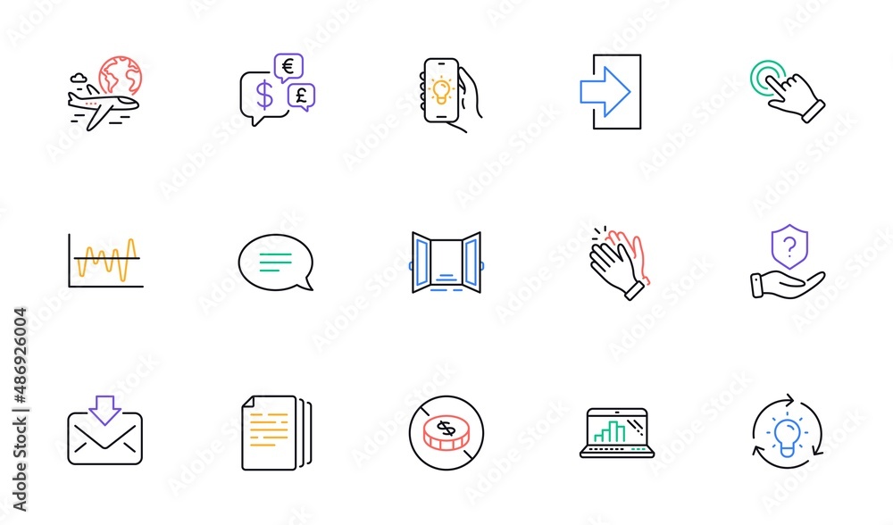 Open door, Stock analysis and Clapping hands line icons for website, printing. Collection of Chat, Login, Idea icons. Electric app, Graph laptop, Copy documents web elements. Vector Open door, Stock analysis and Clapping hands line icons for website, printing. Collection of Chat, Login, Idea icons. Electric app, Graph laptop, Copy documents web elements. Vector