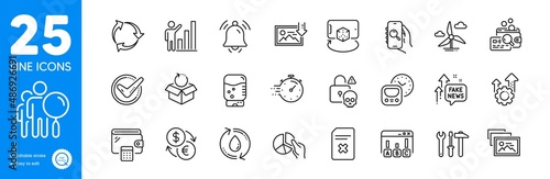 Outline icons set. Download photo, Survey results and Augmented reality icons. Spanner tool, Confirmed, Timer web elements. Pie chart, Refill water, Photo album signs. Delete file. Vector