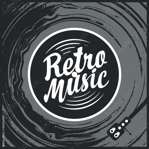 Vector music poster with old vinyl record, record player and calligraphic lettering. Retro music. Decorative illustration, suitable for banner, flyer, brochure, cover, card, invitation, label, sticker