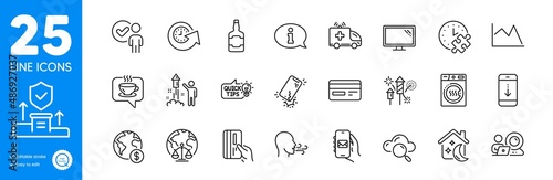 Outline icons set. Mail app, Cloud computing and Breathing exercise icons. Dryer machine, Video conference, Verification person web elements. Whiskey bottle, Fireworks rocket, Monitor signs. Vector