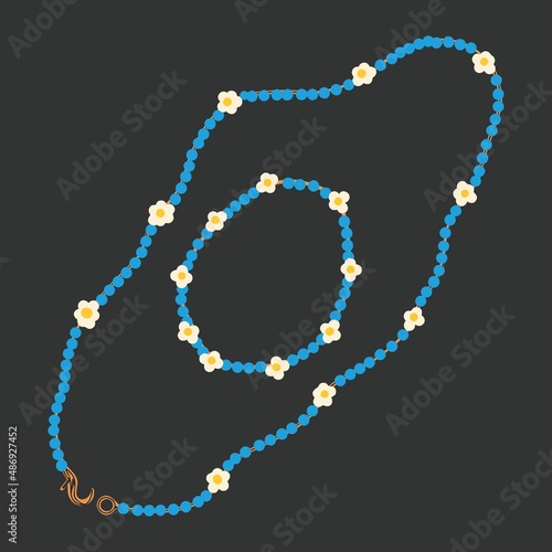 Beads and bracelet made of blue plastic beads. Braided from beads of flowers. Handmade jewelry for teenagers. Hand drawn vector set.