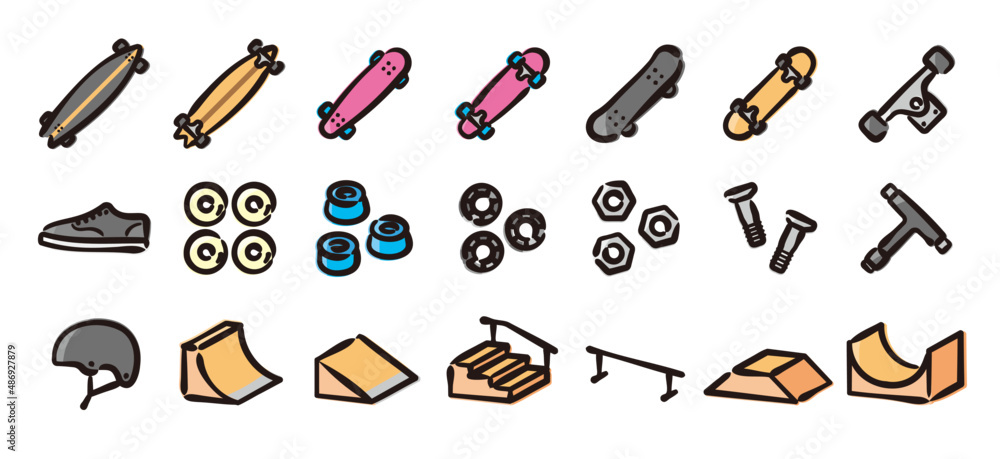 Obraz premium Skateboarding Hand Drawn Color Icon Set