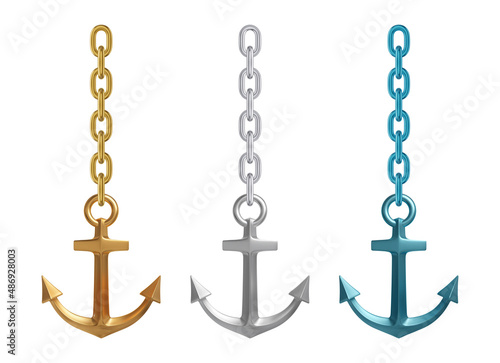 Realistic metallic, golden and blue anchors with chains. Vector illustration.