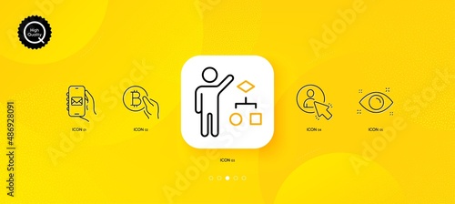 User, Bitcoin pay and Algorithm minimal line icons. Yellow abstract background. Health eye, Mail app icons. For web, application, printing. Project manager, Cryptocurrency coin, Developers job. Vector