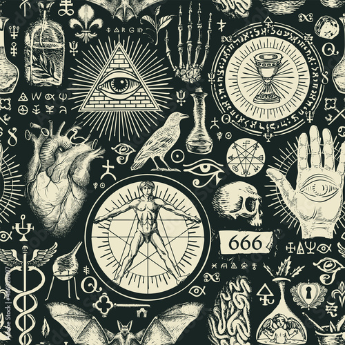Hand-drawn seamless pattern on a theme of occultism, satanism and witchcraft in vintage style. Abstract vector background with ominous sketches. Chalk drawings on a black backdrop photo