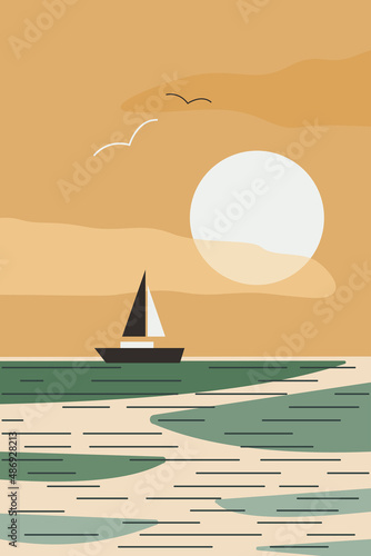 Abstract minimalist seascape with boat and birds at sunset. Modern flat vector illustration for wall decor, cover, poster, flyer, summer travel agency advertising