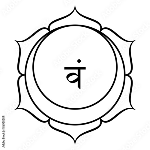Svadhishthana, Sacral chakra, meaning where your being is established. Second chakra, located two finger-widths above Muladhara chakra. Lotus with 6 petals, crescent moon and seed syllable Vam, water. photo