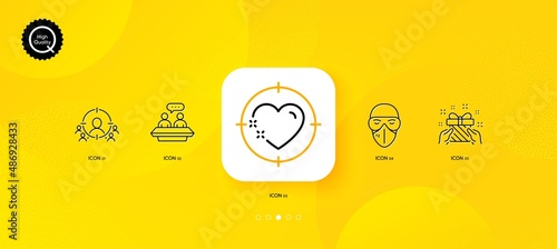 Medical mask, Business targeting and Heart target minimal line icons. Yellow abstract background. Employees talk, Gift icons. For web, application, printing. Vector