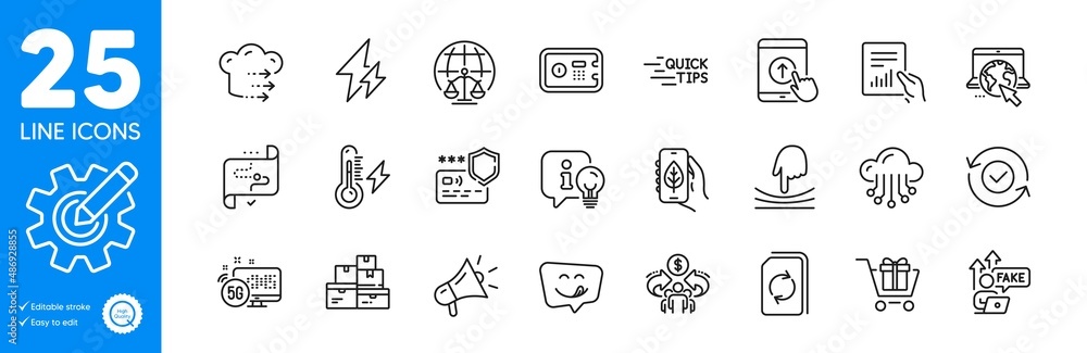 Outline icons set. Elastic, Payment protection and Safe box icons. Internet, Update document, Megaphone web elements. Electricity, Yummy smile, Shopping cart signs. Lamp, Swipe up. Vector Outline icons set. Elastic, Payment protection and Safe box icons. Internet, Update document, Megaphone web elements. Electricity, Yummy smile, Shopping cart signs. Lamp, Swipe up. Vector