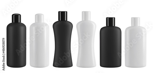 Black and white plastic cosmetic bottle. Realistic vector mockup for shampoo or shower gel design.