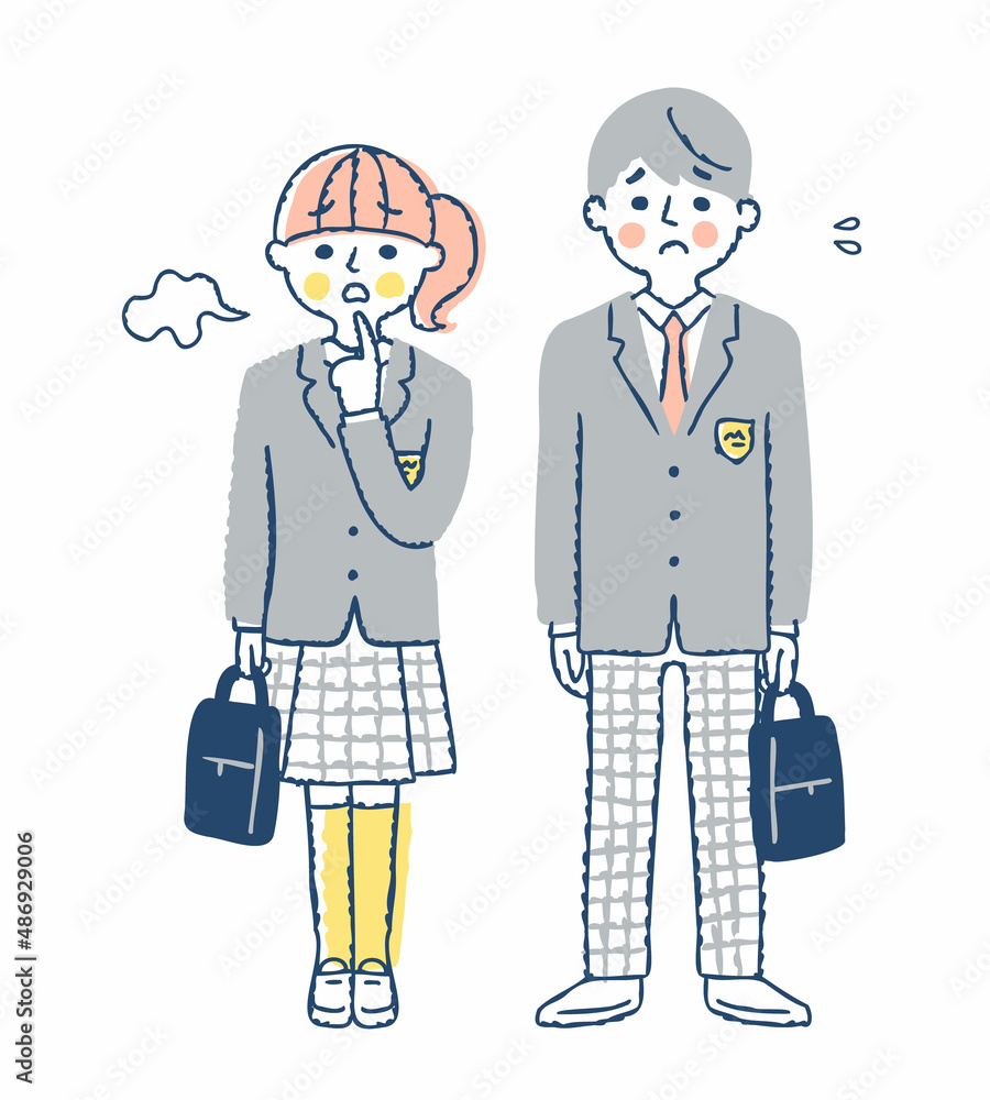 困った表情の学生服を着た男女 困った表情の学生服を着た男女