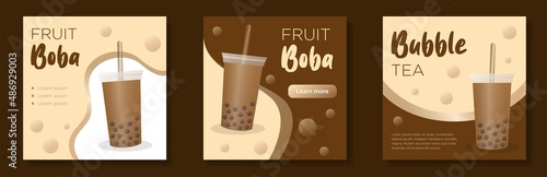 Bubble tea social media post, square banner set, boba pearls drink advertisement concept, brown aromatic marketing ad, modern flyer, isolated on background