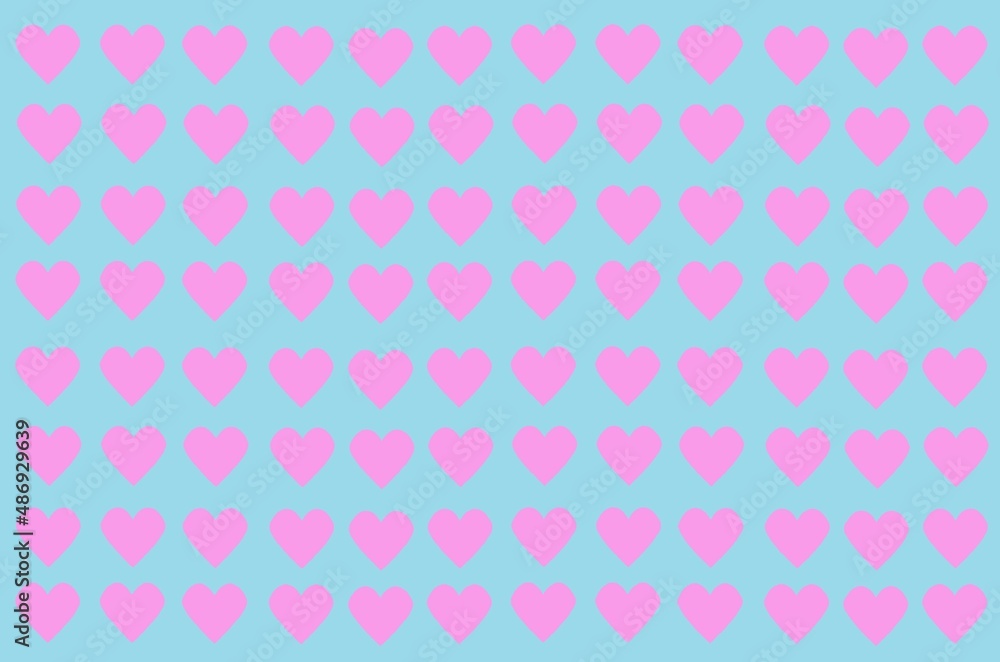 Set of pink hearts on blue background