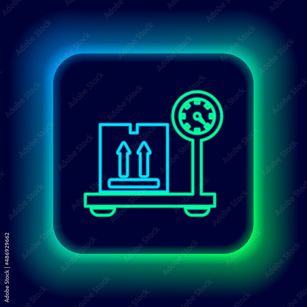 Glowing neon line Scale with cardboard box icon isolated on black background. Logistic and delivery. Weight of delivery package on a scale. Colorful outline concept. Vector Glowing neon line Scale with cardboard box icon isolated on black background. Logistic and delivery. Weight of delivery package on a scale. Colorful outline concept. Vector