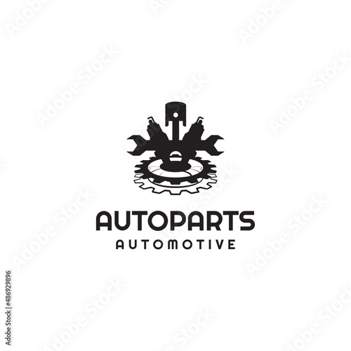 Auto parts Automotive parts with gear piston spark plug and wrench logo vector design