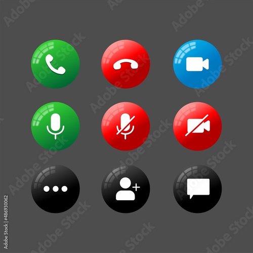 A collection of buttons for the video call user interface. Frequently used buttons and icons set for video calling applications.