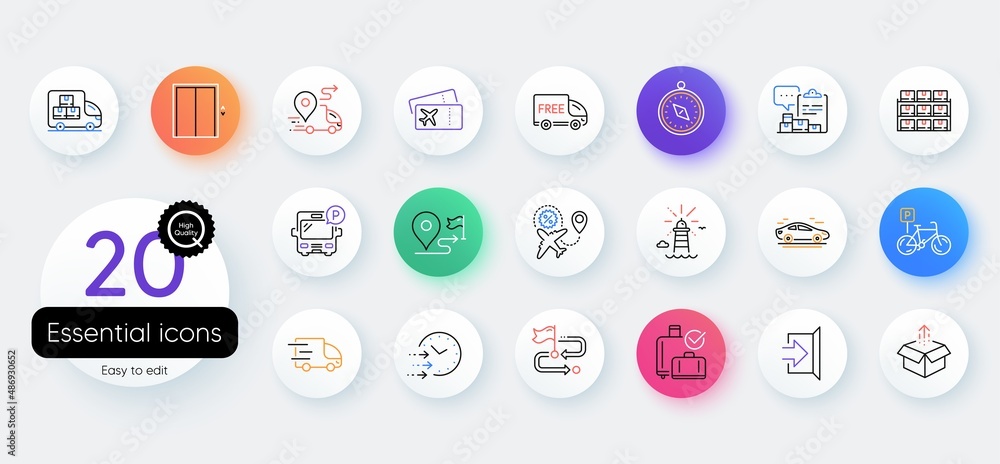 Simple set of Bicycle parking, Baggage reclaim and Boarding pass line icons. Include Delivery, Travel path, Lighthouse icons. Inventory report, Boxes shelf, Lift web elements. Send box. Vector