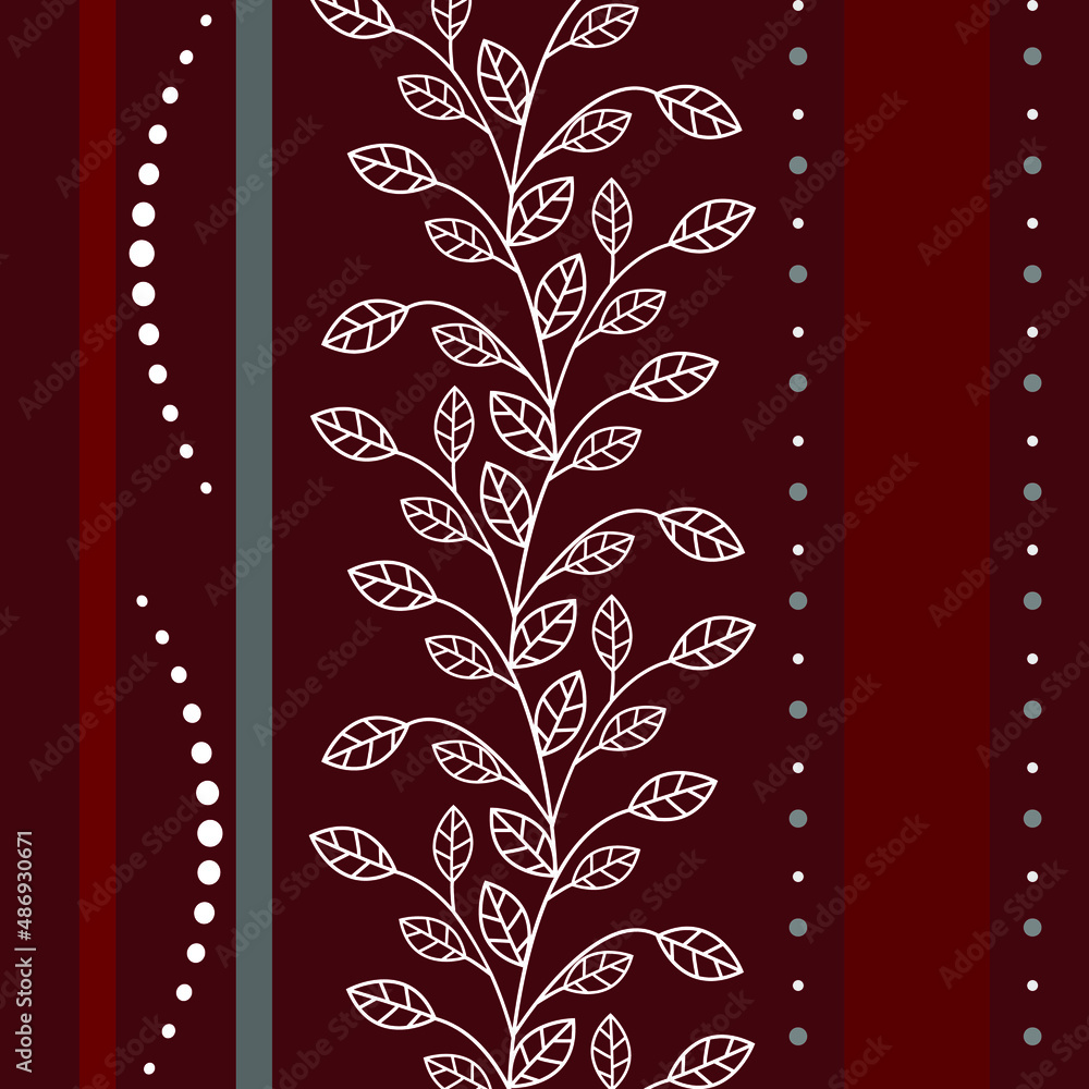 Stylish pattern of circles and stripes and leaves in burgundy, gray and white colors for backgrounds, wallpapers, textiles