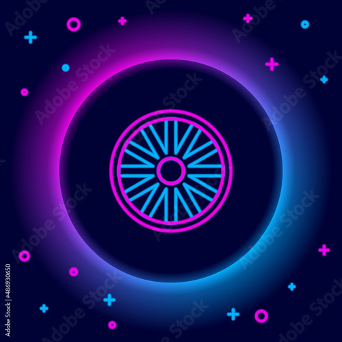 Glowing neon line Old wooden wheel icon isolated on black background. Colorful outline concept. Vector