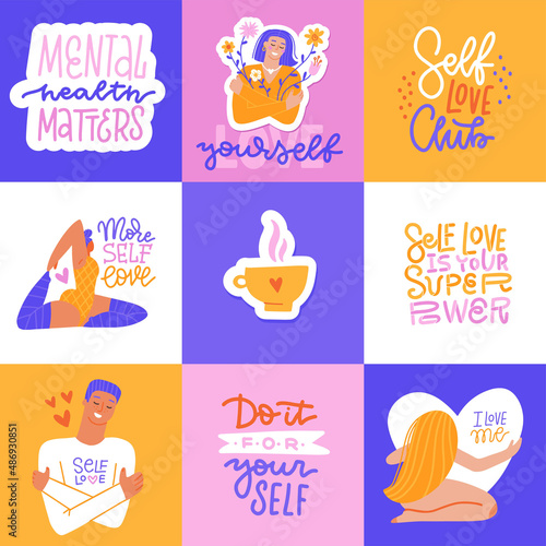 Mental health cards set. Love yourself metaphors. Lifestyle concept social media banners with text about loving yourself. Flat hand drawn vector illustration.