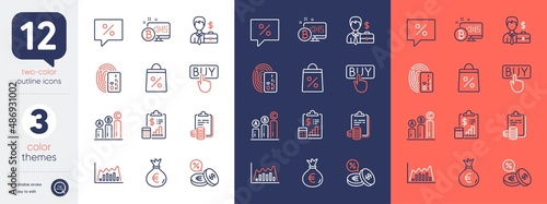 Set of Discount message, Bitcoin system and Buying line icons. Include Infographic graph, Card, Businessman case icons. Report, Accounting, Graph chart web elements. Money bag. Vector