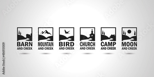 Set Bundle Creek Vintage Logo Illustration Mountain, bird, church, camp, barn, pines tree and moon Vector Design