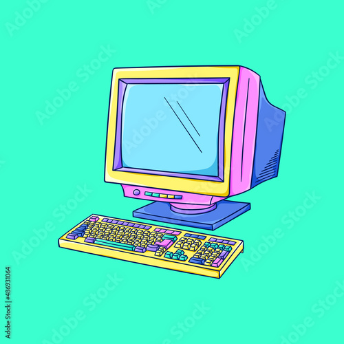 Computer illustration. Retro home computer. Personal computer with keyboard. 90s style vector. 1990s trendy illustration. Nostalgia for the 90s.