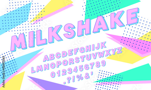 90s style font alphabet. Doodle font. Colorful typography. Doodles alphabet letters, numbers, punctuation marks. Trendy geometric shapes background. Nostalgia for the 90s.
