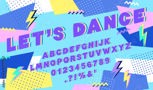 90s style font alphabet. Doodle font. Colorful typography. Doodles alphabet letters, numbers, punctuation marks. Trendy geometric shapes background. Nostalgia for the 90s.