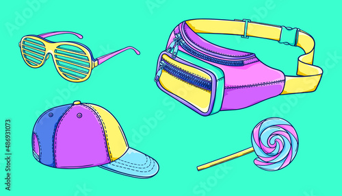 90s fashion illustration. Retro waist bag, plastic glasses, cap. Party glasses. 90s style vector. 1990s trendy illustration. Nostalgia for the 90s.