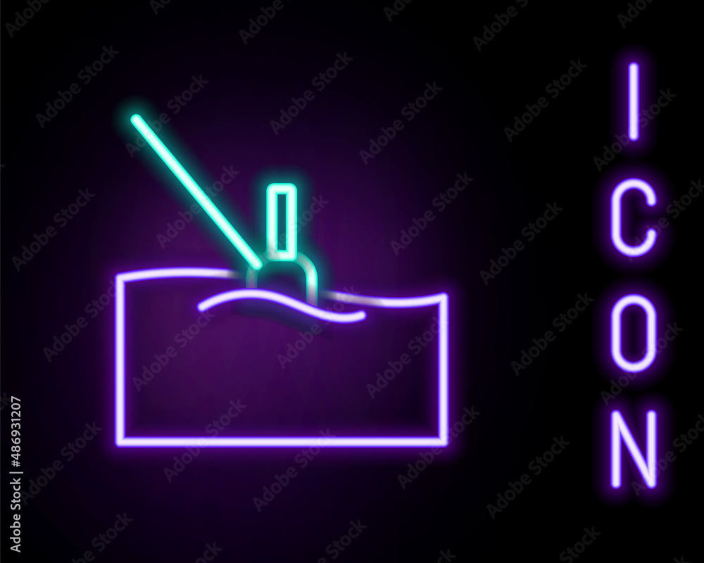 Glowing neon line Fishing float in water icon isolated on black background. Fishing tackle. Colorful outline concept. Vector Glowing neon line Fishing float in water icon isolated on black background. Fishing tackle. Colorful outline concept. Vector