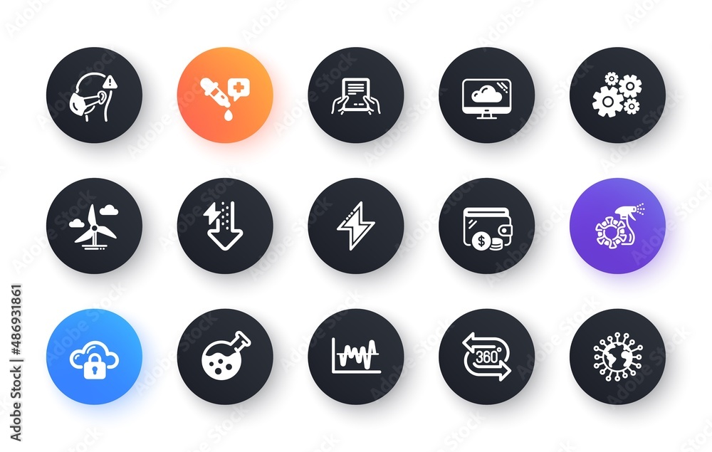 Minimal set of Windmill turbine, Cogwheel and 360 degree flat icons for web development. Coronavirus spray, Chemistry lab, Receive file icons. Cloud storage, Stock analysis. Vector Minimal set of Windmill turbine, Cogwheel and 360 degree flat icons for web development. Coronavirus spray, Chemistry lab, Receive file icons. Cloud storage, Stock analysis. Vector