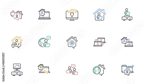 Work at home line icons. Remote worker, Freelance job, Office employee. Stay at home, internet work, remote teamwork line icons. Worker with computer, home workspace, shared network. Vector