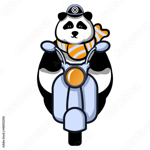 vector illustration of mascot of panda riding a scooter wearing a helmet and sall
