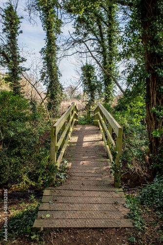 Wooden bridge over a dyke on a rural footpath in the Norfolk countryside