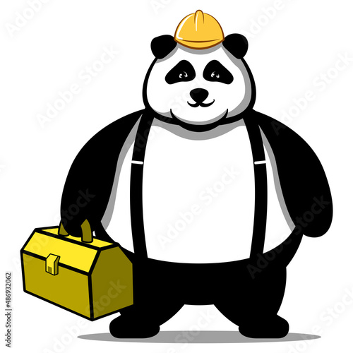 vector illustration of mascot of panda wearing a project helmet and carrying a tool box