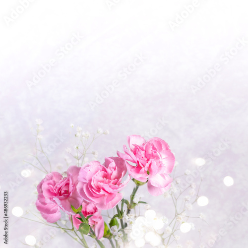 Card for mother's day, wedding, valentines day with pink carnations and gypsophila on light grey.