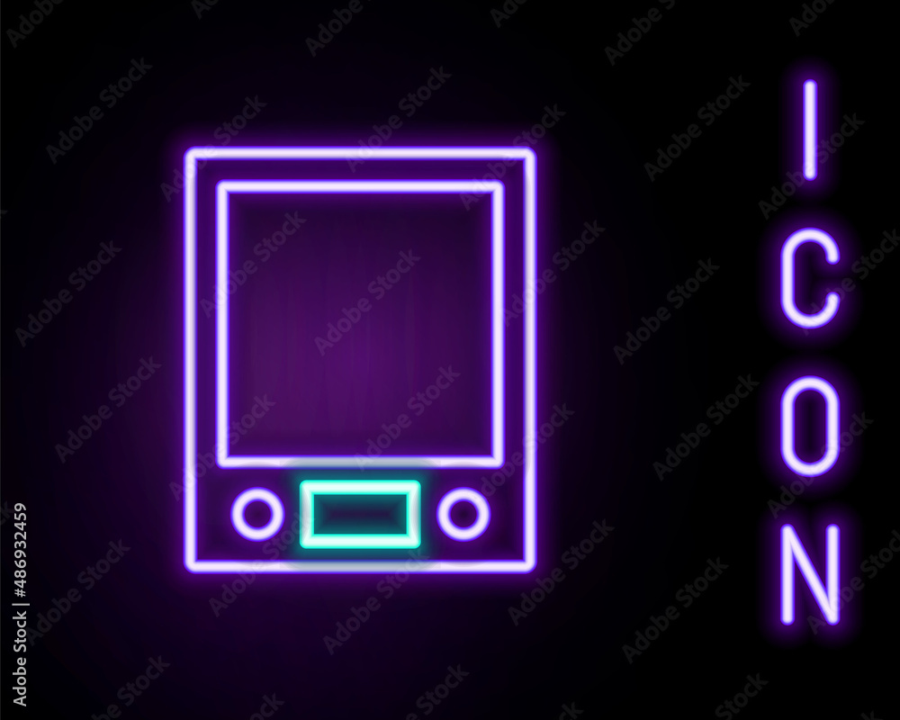 Glowing neon line Electronic scales icon isolated on black background. Weight measure equipment. Colorful outline concept. Vector Glowing neon line Electronic scales icon isolated on black background. Weight measure equipment. Colorful outline concept. Vector
