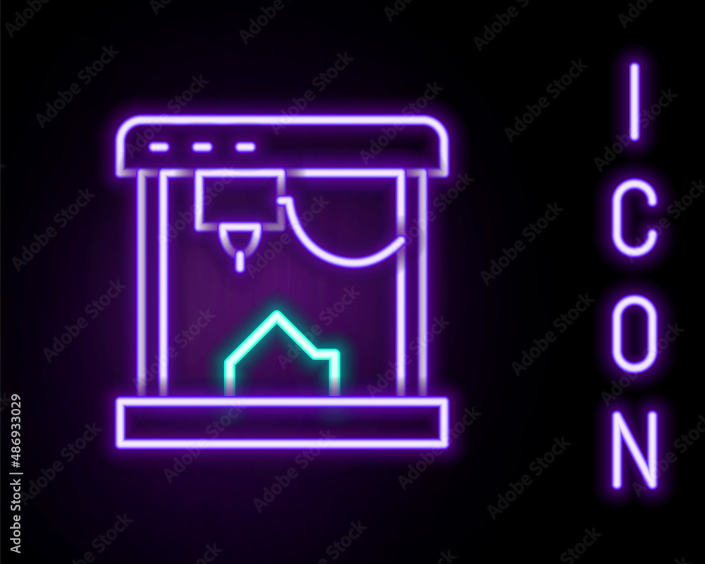 Glowing neon line 3D printer icon isolated on black background. Colorful outline concept. Vector Glowing neon line 3D printer icon isolated on black background. Colorful outline concept. Vector