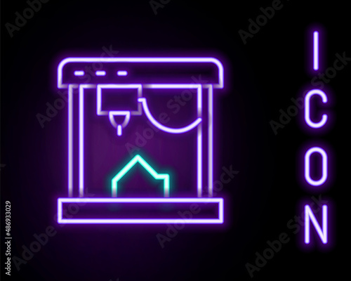 Glowing neon line 3D printer icon isolated on black background. Colorful outline concept. Vector