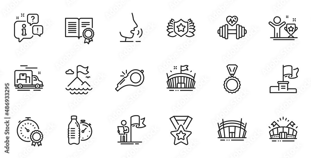 Outline set of Laureate, Fitness water and Arena stadium line icons for web application. Talk, information, delivery truck outline icon. Include Diploma, Arena, Winner flag icons. Vector