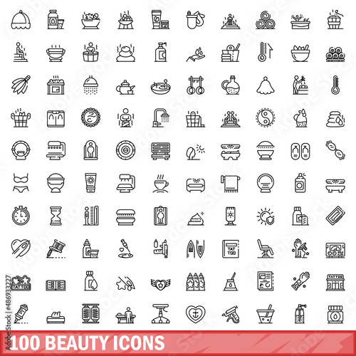 100 beauty icons set. Outline illustration of 100 beauty icons vector set isolated on white background