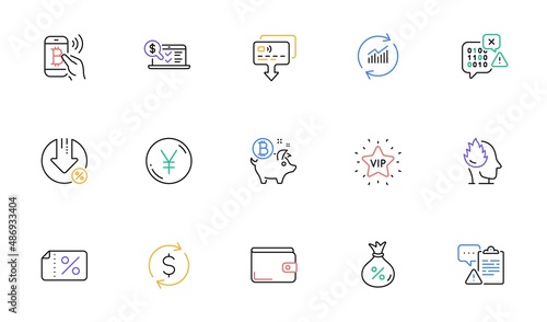 Online accounting, Binary code and Loan percent line icons for website, printing. Collection of Bitcoin pay, Yen money, Loan icons. Update data, Clipboard, Card web elements. Vector