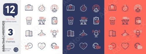 Set of Alarm clock, Microphone and Hand baggage line icons. Include Takeaway coffee, Smile chat, Capsule pill icons. Magistrates court, Eye checklist, Budget web elements. Slow fashion. Vector