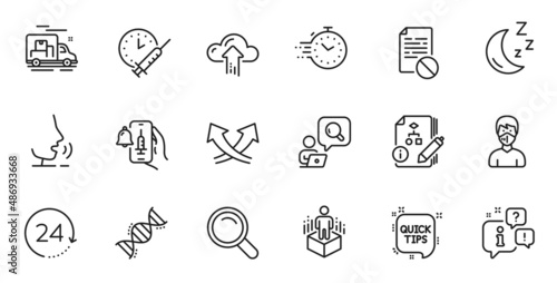 Outline set of Quick tips, Wrong file and Intersection arrows line icons for web application. Talk, information, delivery truck outline icon. Vector