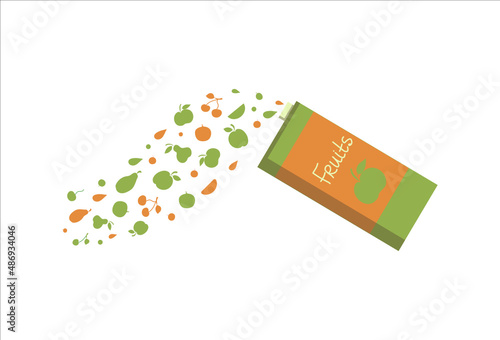 Package Juice with fruits and berries. Fruit juice box. Vecton illustration, Isolated background.