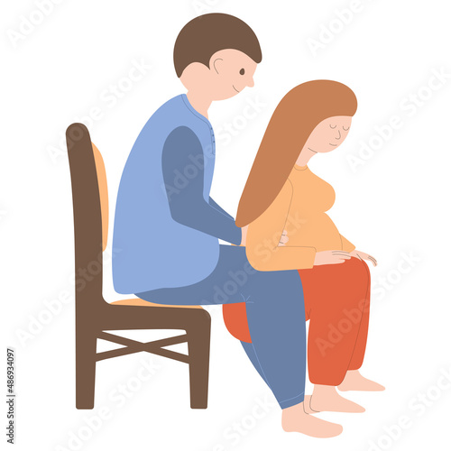Partnered birth. A pregnant woman prepares for a partnered birth with her husband. Vector illustration on white background. Hand drawing. For print, web design.